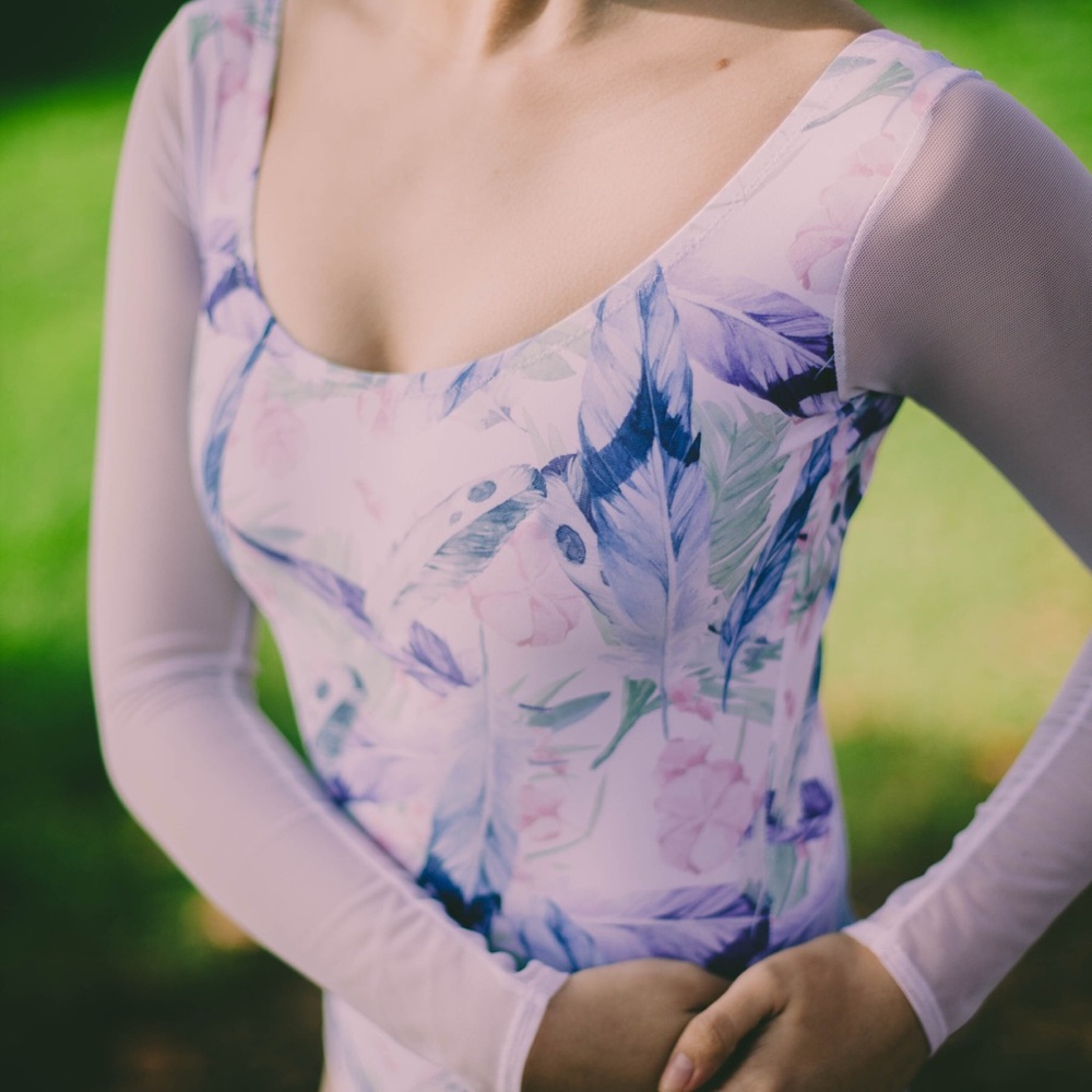 Chameleon Activewear Feather Print with White Mesh Long Sleeve Leotard